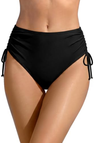SHEKINI Short de bain taille haute pour femme - Rétro - Ventre plat - Noir - Culotte de bikini - Contrôle abdominal - Ruché - Short de bain classique - Grande taille, noir c, XXL