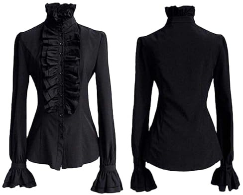KBOPLEMQ Camicetta in pizzo da donna in stile rinascimentale, stile vintage, con fiocco, colletto alto con volant, camicetta vittoriana, bianca e nera, a maniche lunghe, stile medievale