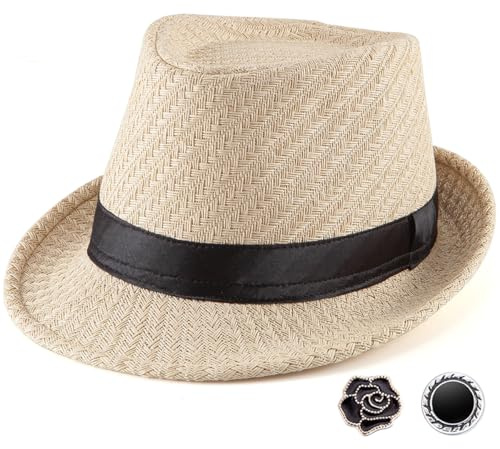 Summer Beige Straw Trilby for Men 1920s Short Brim Fedora Sun Hat Travel 7 1/4