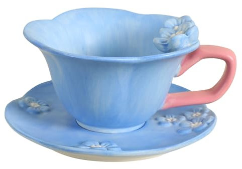 YGTUCE Teetassen und Untertassen, niedliche Keramik-Teetassen für Frauen, Teeparty, Latte Milch (blau)