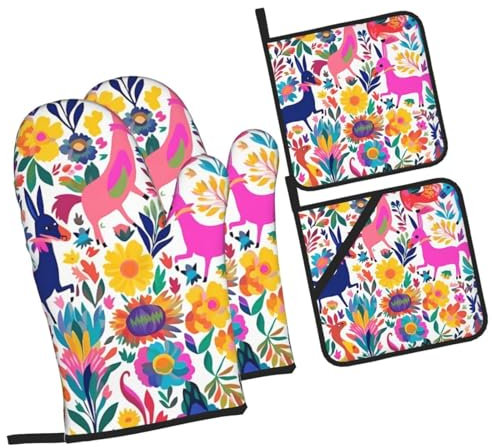 Juego De Manoplas Y Agarraderas Animales Otomíes Mexicanos Fácil De Almacenar Manoplas De Horno Antideslizantes Guante De Cocina para Hornear Cocinar Parrilla,4 Piezas