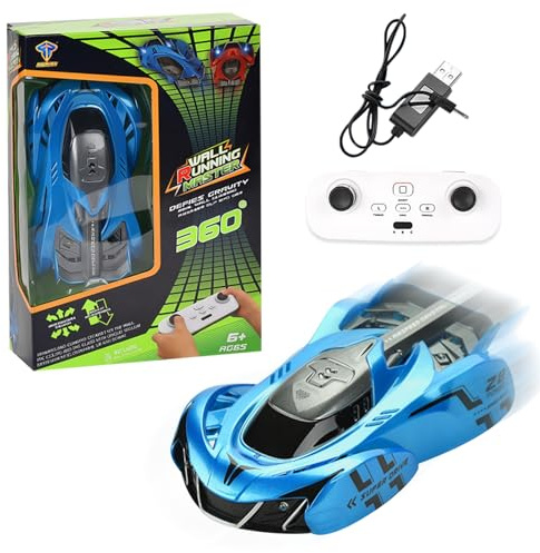 3T6B Voiture Télécommandée d'escalade Murale, RC Drift Car avec Rotation à 360°, USB Rechargeable avec Avant et Arrière LED Lumières (Bleu)