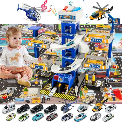 BuzzoXerex 5 Etages Garage pour Enfants, Piste de Course avec 14 Voitures et 2 Hélicoptère, Jouet Garage Voiture avec Ascenseur Electrique Circuit, Cadeaux pour Enfants 5 6 7 8 9 Ans (Police)