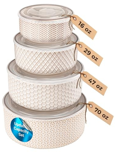 KooK Ceramic Nesting Bowls with Lids, Embossed Stoneware, Set of 4, Ivory