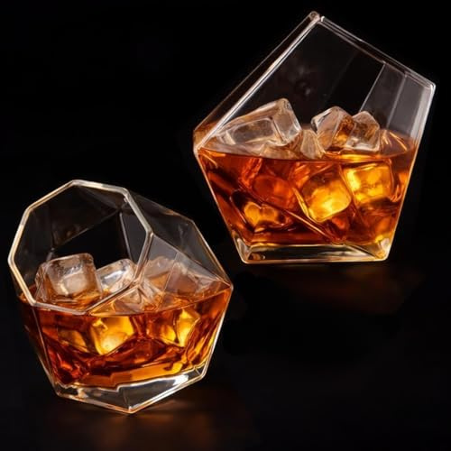 Diamond Whiskey Gläser Set 2 Stück – 250 ml – Schräg stehende Trinkgläser im Diamant-Design – Geschenkbox – Whisky, Rum & Cognac Kristallglas