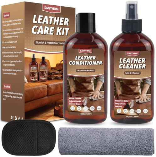 Set de limpieza y cuidado para cuero – Limpieza y protección segura con el guante de limpieza para interior de coche, muebles, zapatos, bolsos y ropa, 2 botellas de 300 ml