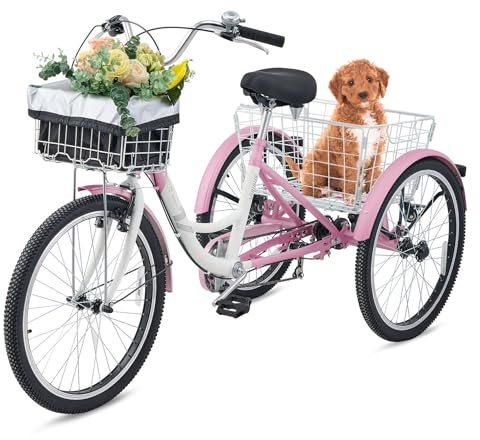 VIRIBUS Adult Tricycles for Women, 7 Speed Tricycle for Adults with Front & Rear Detachable Wheeled Baskets, 3 Wheel Bikes for Adults Seniors 400 lb. Capacity, Three Wheeler, 26 in. Pink