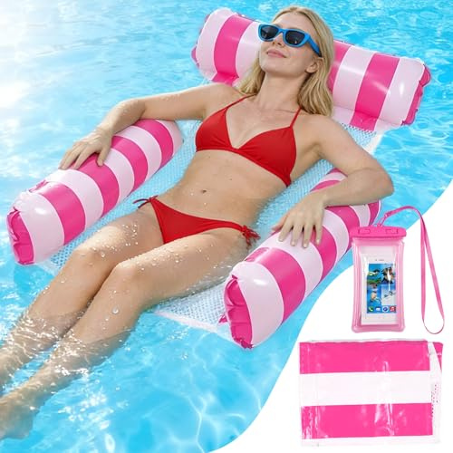 FEMONGY Hamaca de Agua, Sillon Hinchable Piscina, Colchoneta con Rejilla, Funda Impermeable para teléfono incluida, Natación de Verano, Playa, Fiestas en la Piscina, Rayas Rojas Rosas