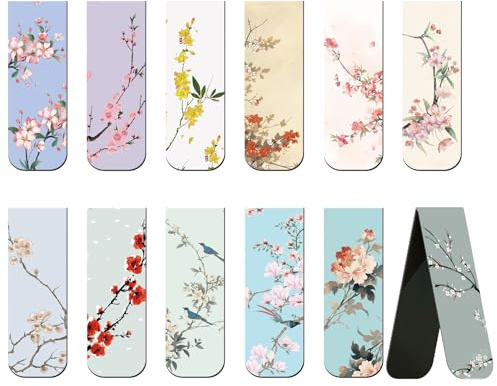Uniclife 12 Pcs Magnetic Bookmark with Traditional Chinese Flower Designs, Bookmarks for Women, Magnet Book Marks for Book Lovers, Book Markers Clip for Readers, Teachers, Adults & Men