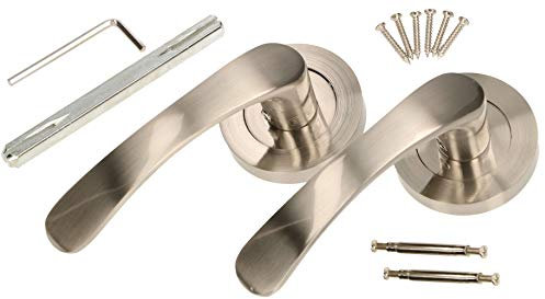 KOTARBAU® Juego de manillas con roseta redonda, Manivelas con roseta, Níquel satinado, Manillas para puerta de zamak, Manetas de puerta, plateadas, Manillas para puertas interiores y de entrada