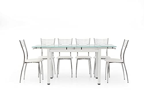 Mar.c.a. Design Table rectangulaire extensible jusqu'à 170 cm, plateau en verre, structure métal blanc, avec 2 rallonges de 30 cm. - Mis. 110 x 70 x 76 cm.