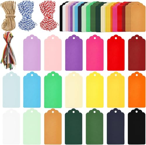 Nicunom 400 Pcs Colorful Gift Tags - 20 Colors Paper Tags With String, Blank Hang Labels for Treats, Price, School Crafts, Party Favors - Christmas, Wedding, Birthday