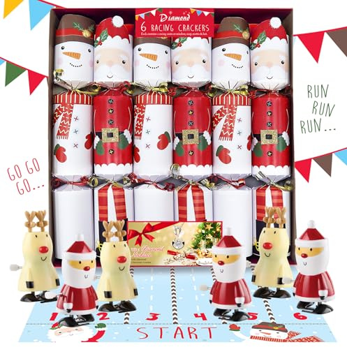 Racing Christmas Crackers Pack 6 Funny Characters with Race Game + 1 pack of Pin the Nose on the Snowman game - By Diamond Brand