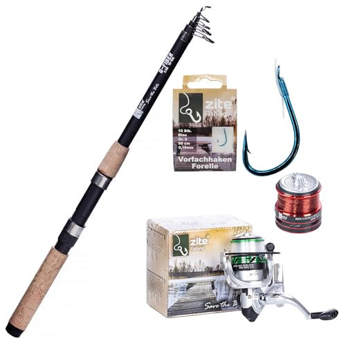 Zite Fishing Forellen Angelset | Teleskoprute 240cm + Angelrolle Bespult mit Ersatzspule + Vorfach-Haken 10 STK | Einsteiger Combo Angelaurüstung