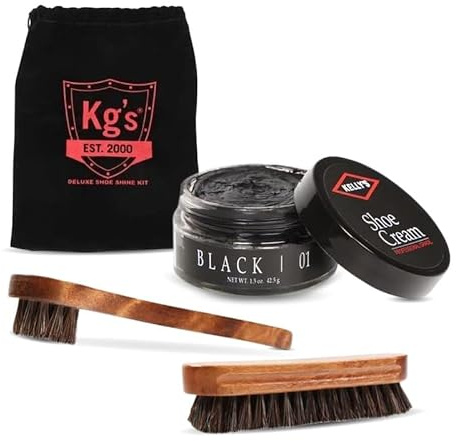 Kg's Black Polish & Shoe Shine Kit – Includes Black Shoe Polish, Horsehair Shoe Brush, Horsehair Polish Applicator, and Storage Bag, For Women and Mens Leather Shoes (1 Kit)