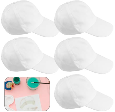 HASLED Cappello Baseball DIY, 5 Pezzi Berretto Uomo Bianco, Cappello con Visiera Uomo, Cappello con Fibbia di Regolazione Utilizzato per Feste Artistiche e Interazione Genitore Figlio