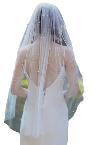 Wisafory Brautschleier Perlen Weiß Hochzeitsschleier Elegent Kirche Braut Schleier 1 Stöckig Weicher Tüll Perlenschleier Haarschmuck für Hochzeit Junggesellinnenabschied mit Kamm 150cm