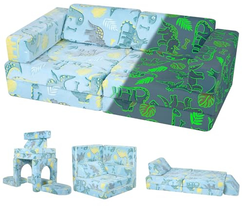 MeMoreCool 10-Piece Kids Couch Sofa, Modular Toddler Couch | Glow Sofa Bed for Bedroom, Fold Out Foam Couch for Girl Boy, Blue Dinosaur