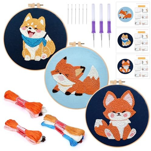 JSRQT 3 Pièces Punch Needle Broderie Kit Renard Adulte Débutants D'Aiguille de Poinçon Fils Cerceaux à Broder Démarrage avec Instructions Tissu