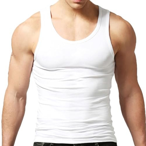 Men's Tank Tops Cotton Vest Gym Workout Bodybuilding Fitness Tee Sleeveless Muscle Shirts White XL