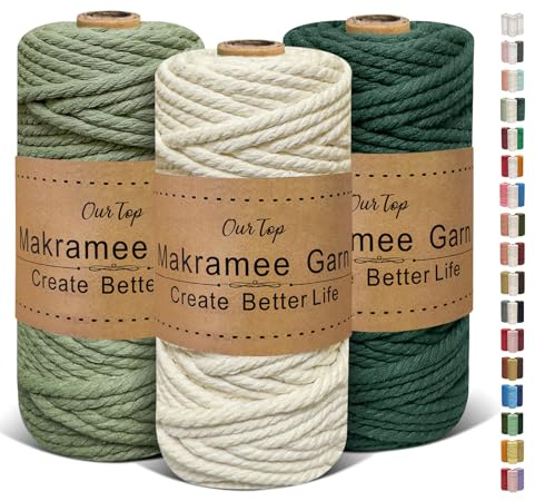 OurTop Hilo Macrame 5mm x 40m, Juego de 3 Cuerda Macrame Cordon Macrame Hilo de Macramé para Manualidades, Colgar de La Pared, Decoración Bohemia(Natural, Verde Alga, Verde Oscuro)