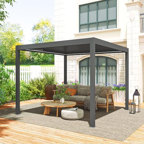Outsunny 3 x 3(m) Electric Louvered Pergola with LED Lights, Aluminium Pergola Hardtop Gazebo with Remote, Adjustable Roof and Drainage System, Water and UV Proof