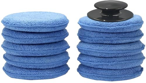 11 Pcs Car Cleaning Set, 10 Piece Car Cleaning Sponge with 1 Black Handle, 5inch Car Polishing Pads, Car Wax Polish Applicator Pad, Polishing Pads for Car Detailing Wax (Blue)