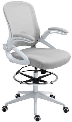 Vinsetto Drafting Chair with Flip-up Armrest, 360 Degree Swivel Mesh Office Stool with Foot Ring, Height Adjustable Chair for Standing Desk, Light Grey
