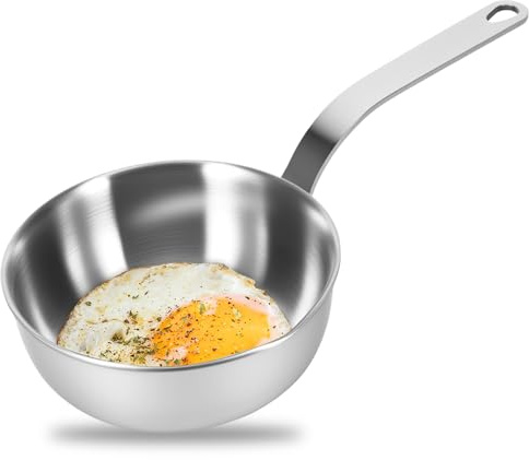 ZONJIE Mini Frying Pan for One Egg 5 inch Stainless Sauce Pan Non-Stick | One Egg Frying Pans Butter Warmer with Spout, Portable Camping Cooking Pans 12cm Small Frying Pan