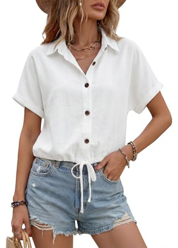 Enmain Ladies Linen Blouses Short Sleeve Cotton Linen Shirts for Women Casual Summer V Neck with Adjustable Drawstring Hem Regular Fit Work Office Beach Blouse Shirts Tops White M
