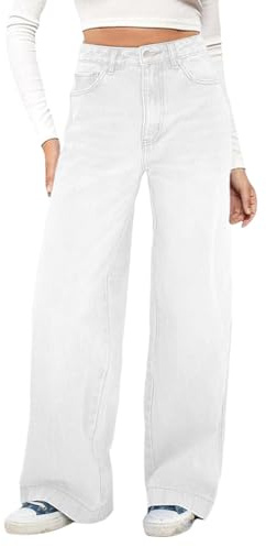 shownicer Jeans Donna Vita Alta Baggy Jeans Wide Leg Jean Larghi Straight Denim Pantaloni Casual A Bianco L
