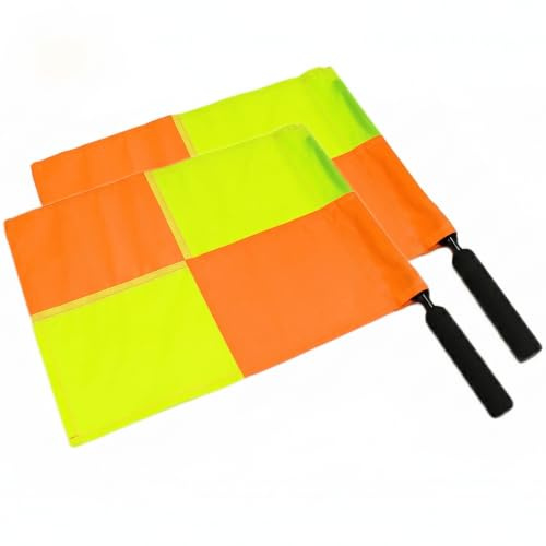 Drapeaux d'arbitre de football 2 pièces, drapeaux de juge ligne à carreaux haute visibilité avec poignée en mousse et sac rangement, jaune et Orange, 46x36x35 cm
