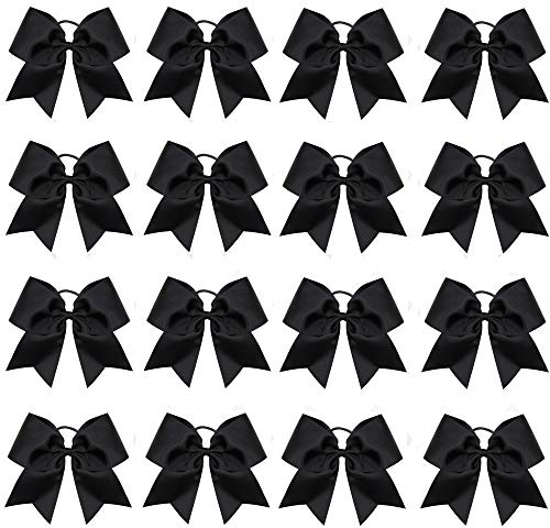 16PCS 8 Large Cheer Hair Bows Ponytail Holder Elastic Band Handmade for Cheerleading Teen Girls College Sports (Black, 1 Count (Pack of 16))