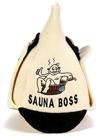 Natural Textile Saunahut 'Sauna Boss Bucket' White - 100% organische Wollfilzmützen - Schützen Sie Ihren Kopf vor Hitze - Englische Sauna E-Book Handbuch inklusiv - mit Stickerei
