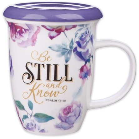 Christian Art Gifts Rose Floral Ceramic Coffee Mug with Purple Lid
