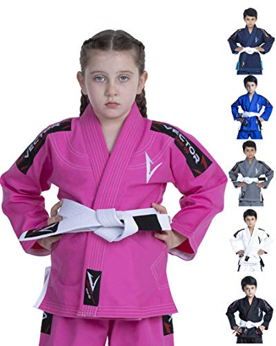Vector Sports Kids Brazilian Jiu Jitsu BJJ Gi with Free White Belt 100% Cotton Pearl Weave Kimono Ultra Lightweight Preshrunk Fabric (Pink, K2)
