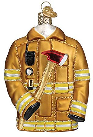 Old World Christmas Firefighter's Coat with Axe and Santa Hat Glass Blown Ornament for Christmas Tree, Handcrafted Holiday Decoration, Firefighter Collection