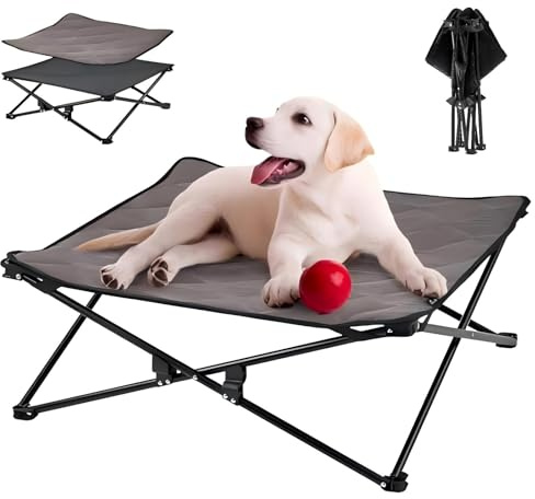 KingCamp Erhöhtes Hundebett Hundeliege Outdoor Haustierbett Haustierliege Atmungsaktivem Mesh & Wildledermatte & Rutschfesten Füßen für Reisen Garten Outdoor Indoor, Schwarz 77 x 77 x 30 cm