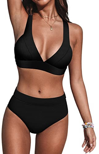 CUPSHE Damen Bikini Set V Ausschnitt High Waist Breite Träger Bademode Zweiteiliger Badeanzug Swimsuit Schwarz S