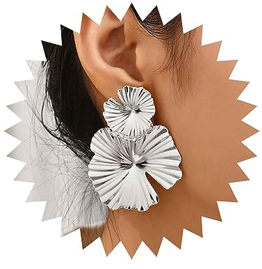 Inateannal Boucles D'oreilles Feuilles De Lotus Exagérées et Rondes en Argent - Fleurs Métalliques pour Femmes
