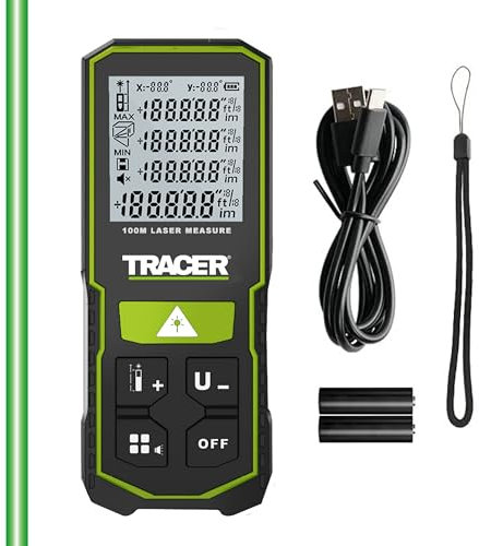 TRACER Laser Measure 100m (328ft), Portable Measuring Device with High-visibility Green Laser, Distance Meter with Batteries and USB cable.