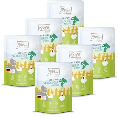 MjAMjAM - Premium Nourriture Humide pour Chats - Quetschie - Chicks & Friends Poulet juteux au Brocoli, Paquet de 6 (6 x 300g), sans céréales