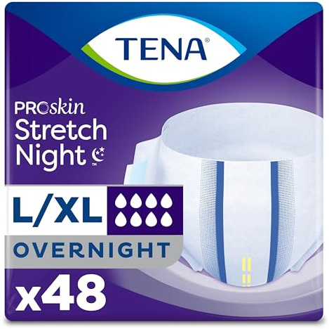 Tena ProSkin Overnight Incontinence Adult Diaper for Women & Men, Stretch Brief, Large/Extra Large, 48 Count (4 Packs of 12), Packaging May Vary