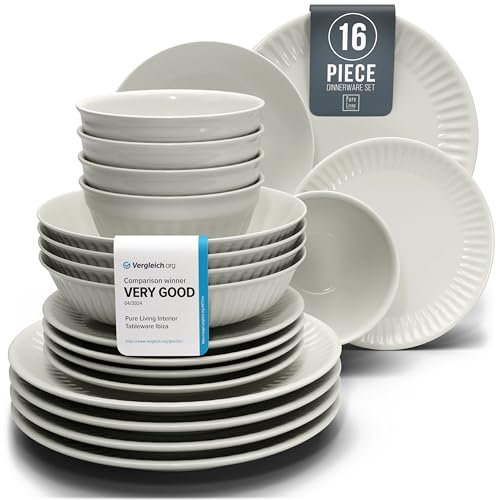 16-Piece Dinnerware Set - Bowl and Plate Set - Stoneware Dining Set for 4 People - Dishwasher and Microwave Safe - Grooved Dining Service in Light Grey