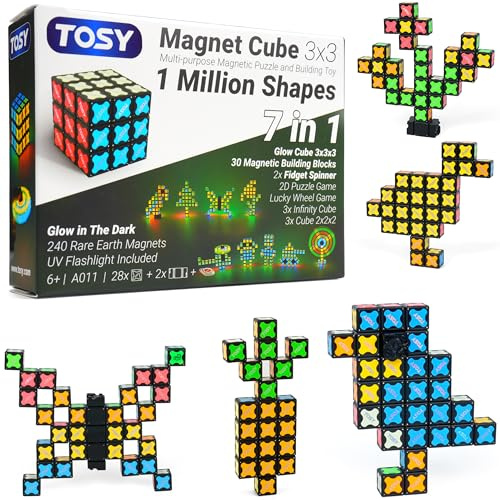 TOSY Magnet Cube 3x3-240 aimants, 30 Blocs, Jouet 7-en-1: Cube Puzzle, Blocs créatifs, Hand Spinner Transformable, Cube Infini, tuiles magnétiques, Lampe UV, Jouet STEM/Steam Phosphorescent