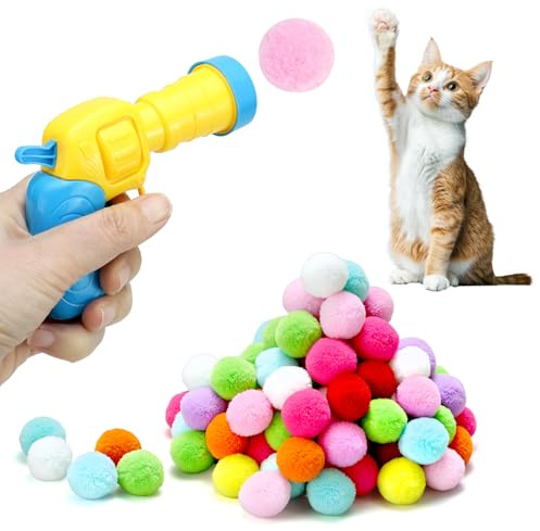 QWORK® Interactive Cat Toy Set, Cat Toy Ball Launcher 100 Colorful Pom Balls, for Cat Indoor Exercising and Chasing