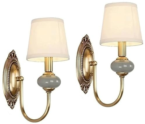 Vintage Wall Sconces Hardwired Set of Two,Gold Brass Wall Light Fixture,Wall Mounted Bedside Lamp Green Ceramic Decor Fabric Wall Lighting for Living Room Bedroom Bathroom Vanity Stairway Fireplace(Ha