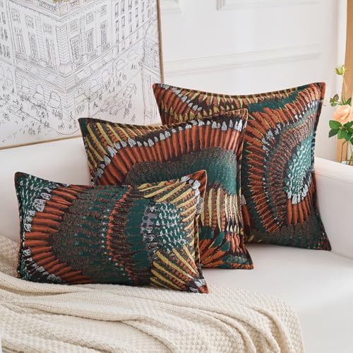 Yonous Premium Series Nature-Inspired Feather Wing Cushion Covers, Premium Polyester & Dutch Velvet Throw Pillow for Home Décor, Covers Only, Terracotta Sunrise, 12x20 Inch / 30 x 50 cm