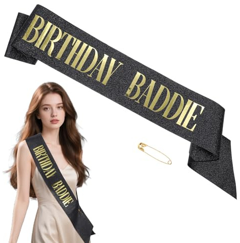Birthday Baddie Sash for Women, Glitter Birthday Baddie Sash with Gold Foil, Black Birthdays Accessories for Women, Birthdays Girl Sashes for Memorable Celebrations Supplies