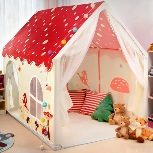 eSynic Tente de Jeu Enfants 160×105×128cm Maison de Jeux pour 4 à 6 Enfants Cabane Enfant Interieur avec Lumière LED Tapis de Sol pour Intérieur Extérieur Cadeau pour Garçons Filles pour Tout-Petits